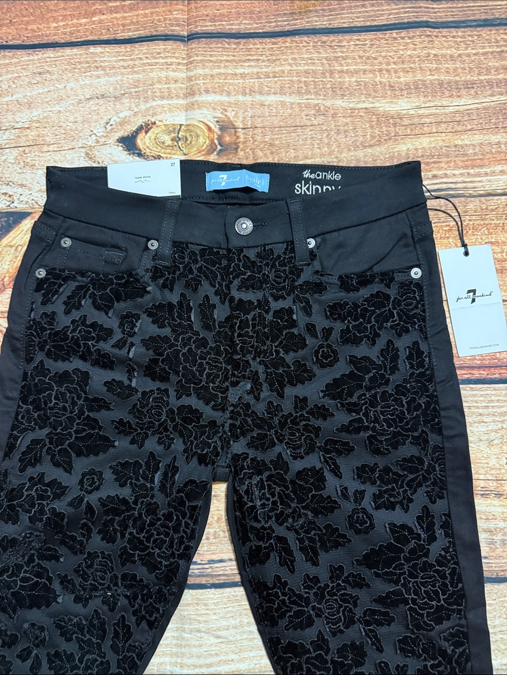 7 For All Mankind Men's Black Floral Velvet Ankle Skinny Jeans